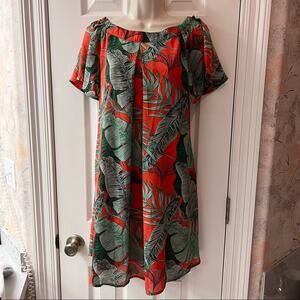 Davi & Dani Tropical Print Off Shoulder Lined Dress With Side Pockets Size S